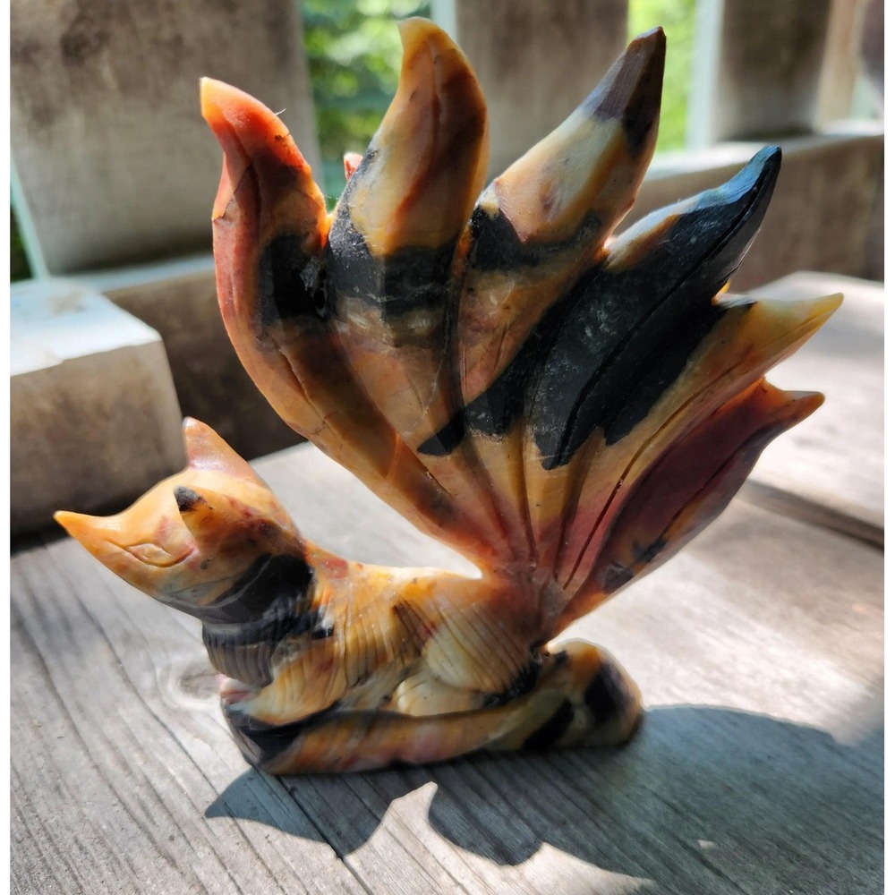Jasper Nine-Tailed Fox Spirit Sculpture, Crystal Carving, Animal Totem Figurine